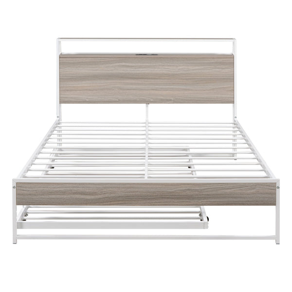 English Elm Full Metal Platform Bed with Trundle and USB Ports, Rustic MDF Wood Planks, Slat Support, No Box Spring Needed White MF299538AAK