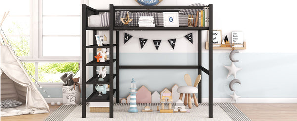 English Elm Full Size Metal Loft Bed with 4-tier Shelving Ladder for Kids or Teen Rooms Black SF000247AAB