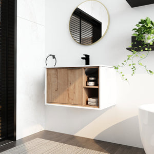 English Elm 30'' Floating Wall-Mounted Vanity with Ceramic Sink, Soft-Close Door, Open Shelves, Durable Plywood Finish W999S00123