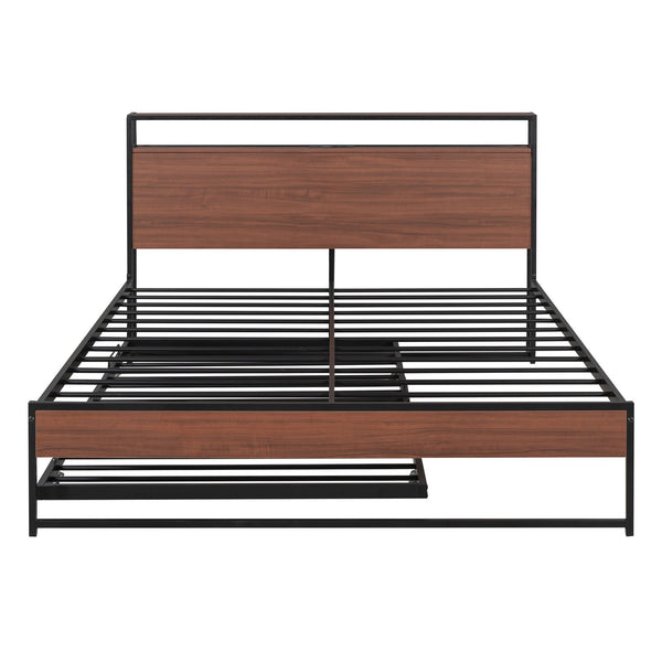 English Elm Queen Metal Platform Bed with Trundle, USB Ports, Sturdy Wood Slats & No Box Spring Needed Black MF299542AAB