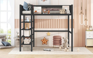 English Elm Twin Metal Loft Bed with 4-Tier Shelves and Built-In Storage Shelf, Sturdy Iron Frame, Space-Saving Design Black SF000237AAB
