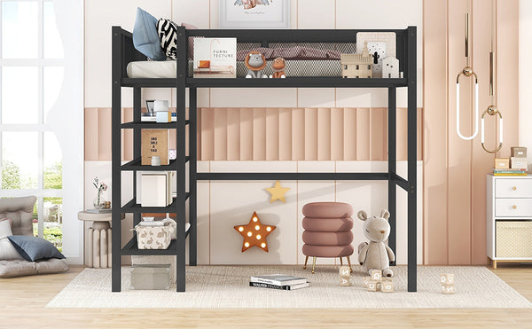 English Elm Twin Metal Loft Bed with 4-Tier Shelves and Built-In Storage Shelf, Sturdy Iron Frame, Space-Saving Design Black SF000237AAB