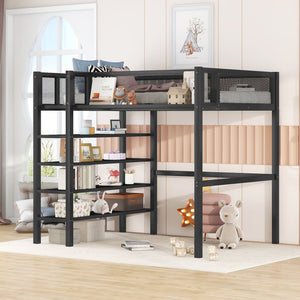 English Elm Twin Metal Loft Bed with 4-Tier Shelves and Built-In Storage Shelf, Sturdy Iron Frame, Space-Saving Design Black SF000237AAB