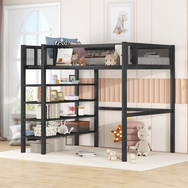 English Elm Twin Metal Loft Bed with 4-Tier Shelves and Built-In Storage Shelf, Sturdy Iron Frame, Space-Saving Design Black SF000237AAB