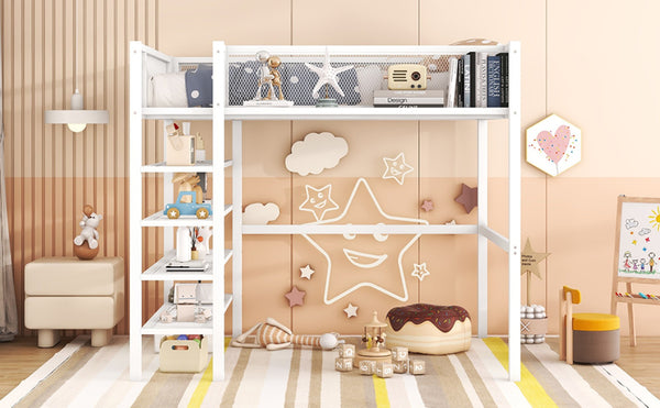 English Elm Full Size Metal Loft Bed with 4-tier Shelving Ladder for Kids or Teen Rooms SF000247AAK