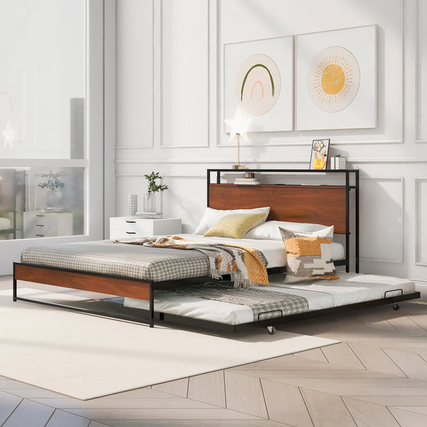 English Elm Queen Metal Platform Bed with Trundle, USB Ports, Sturdy Wood Slats & No Box Spring Needed Black MF299542AAB