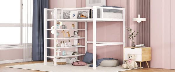 English Elm Twin Metal Loft Bed with 4-Tier Shelves and Built-In Storage Shelf, Sturdy Iron Frame, Space-Saving Design White SF000237AAK