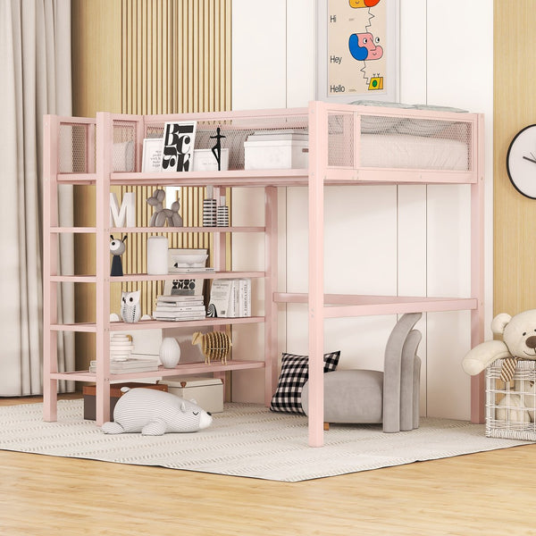 English Elm Twin Metal Loft Bed with 4-Tier Shelves and Built-In Storage Shelf, Sturdy Iron Frame, Space-Saving Design Pink SF000237AAH