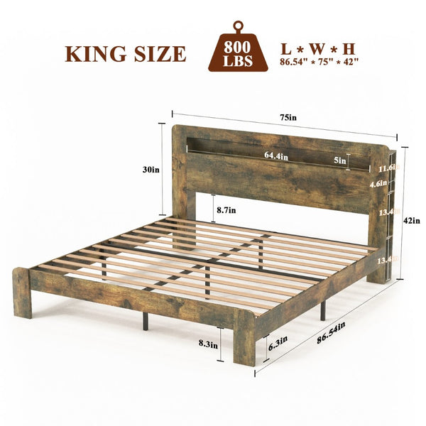 English Elm Bed Queen Platform Frame Dark Brown Wood Led Headboard Usb Charging Ports Storage W636P297028