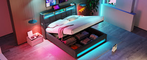 English Elm Queen Upholstered Platform Bed with Hydraulic Storage, LED Lighting, USB Ports & 800LB Capacity Grey AA20690910G