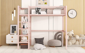 English Elm Twin Metal Loft Bed with 4-Tier Shelves and Built-In Storage Shelf, Sturdy Iron Frame, Space-Saving Design Pink SF000237AAH