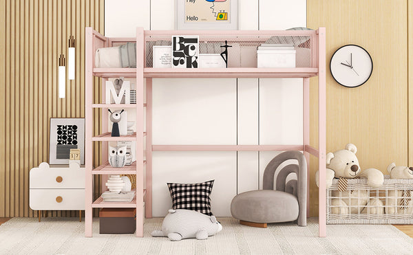 English Elm Twin Metal Loft Bed with 4-Tier Shelves and Built-In Storage Shelf, Sturdy Iron Frame, Space-Saving Design Pink SF000237AAH