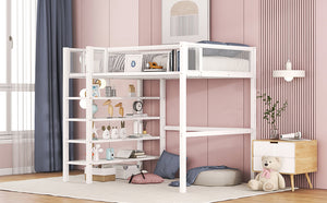 English Elm Twin Metal Loft Bed with 4-Tier Shelves and Built-In Storage Shelf, Sturdy Iron Frame, Space-Saving Design White SF000237AAK