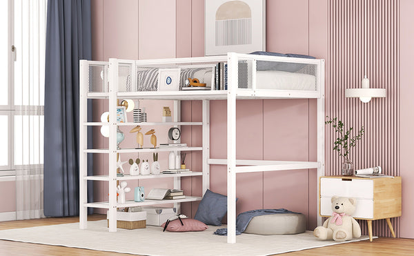 English Elm Twin Metal Loft Bed with 4-Tier Shelves and Built-In Storage Shelf, Sturdy Iron Frame, Space-Saving Design White SF000237AAK