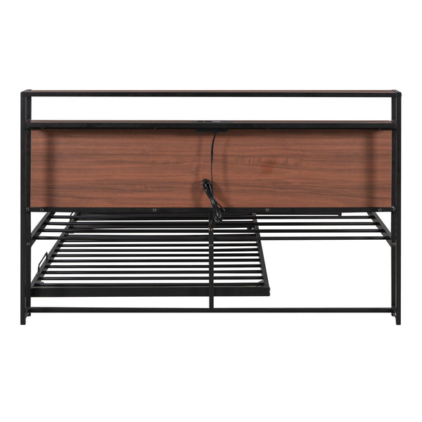 English Elm Queen Metal Platform Bed with Trundle, USB Ports, Sturdy Wood Slats & No Box Spring Needed Black MF299542AAB