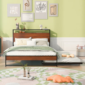 English Elm Full Metal Platform Bed with Trundle and USB Ports, Rustic MDF Wood Planks, Slat Support, No Box Spring Needed Black MF299538AAB