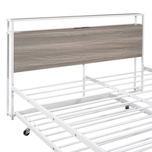 English Elm Queen Metal Platform Bed with Trundle, USB Ports, Sturdy Wood Slats & No Box Spring Needed White MF299542AAK