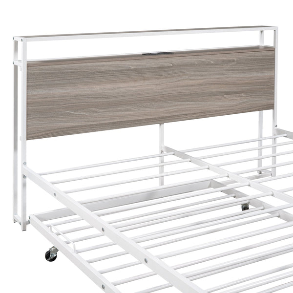 English Elm Queen Metal Platform Bed with Trundle, USB Ports, Sturdy Wood Slats & No Box Spring Needed White MF299542AAK