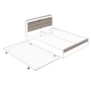 English Elm Full Metal Platform Bed with Trundle and USB Ports, Rustic MDF Wood Planks, Slat Support, No Box Spring Needed White MF299538AAK