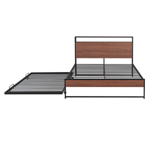 English Elm Full Metal Platform Bed with Trundle and USB Ports, Rustic MDF Wood Planks, Slat Support, No Box Spring Needed Black MF299538AAB