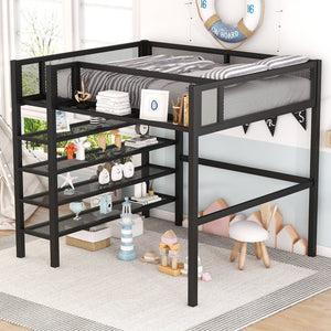 English Elm Full Size Metal Loft Bed with 4-tier Shelving Ladder for Kids or Teen Rooms Black SF000247AAB