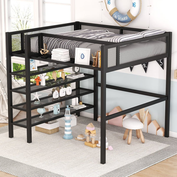 English Elm Full Size Metal Loft Bed with 4-tier Shelving Ladder for Kids or Teen Rooms Black SF000247AAB
