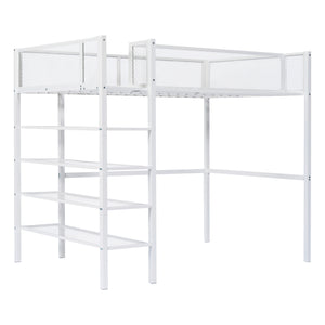English Elm Twin Metal Loft Bed with 4-Tier Shelves and Built-In Storage Shelf, Sturdy Iron Frame, Space-Saving Design White SF000237AAK