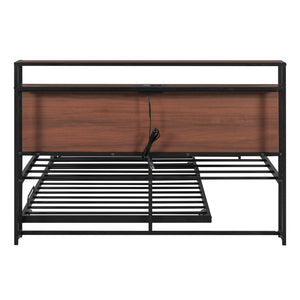 English Elm Full Metal Platform Bed with Trundle and USB Ports, Rustic MDF Wood Planks, Slat Support, No Box Spring Needed Black MF299538AAB