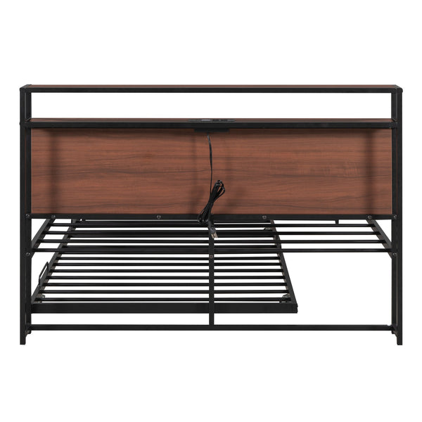 English Elm Full Metal Platform Bed with Trundle and USB Ports, Rustic MDF Wood Planks, Slat Support, No Box Spring Needed Black MF299538AAB