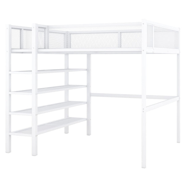 English Elm Full Size Metal Loft Bed with 4-tier Shelving Ladder for Kids or Teen Rooms SF000247AAK