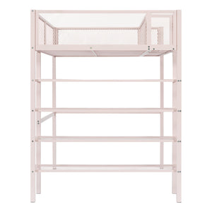 English Elm Twin Metal Loft Bed with 4-Tier Shelves and Built-In Storage Shelf, Sturdy Iron Frame, Space-Saving Design Pink SF000237AAH