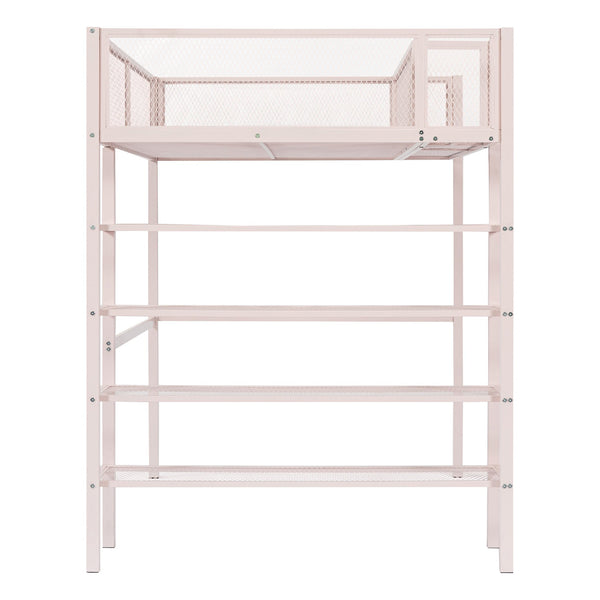 English Elm Twin Metal Loft Bed with 4-Tier Shelves and Built-In Storage Shelf, Sturdy Iron Frame, Space-Saving Design Pink SF000237AAH