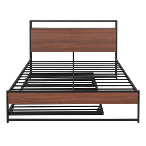 English Elm Full Metal Platform Bed with Trundle and USB Ports, Rustic MDF Wood Planks, Slat Support, No Box Spring Needed Black MF299538AAB