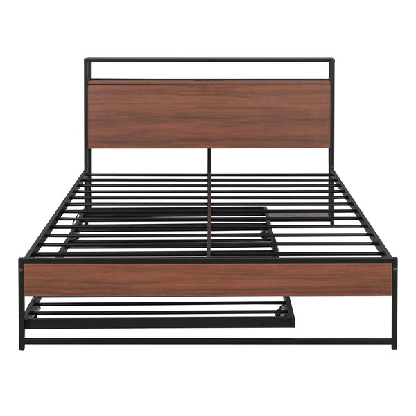 English Elm Full Metal Platform Bed with Trundle and USB Ports, Rustic MDF Wood Planks, Slat Support, No Box Spring Needed Black MF299538AAB