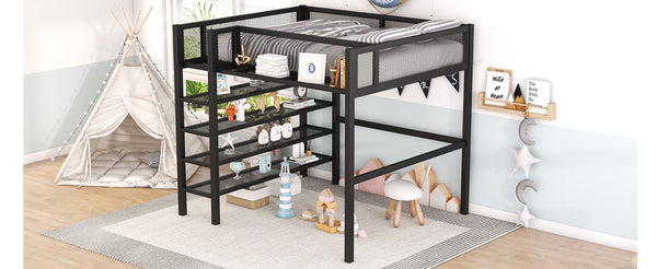English Elm Full Size Metal Loft Bed with 4-tier Shelving Ladder for Kids or Teen Rooms Black SF000247AAB