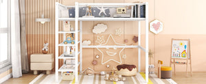 English Elm Full Size Metal Loft Bed with 4-tier Shelving Ladder for Kids or Teen Rooms SF000247AAK