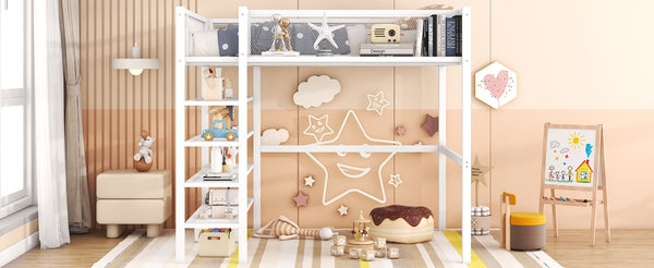 English Elm Full Size Metal Loft Bed with 4-tier Shelving Ladder for Kids or Teen Rooms SF000247AAK