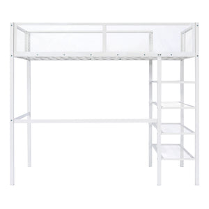 English Elm Twin Metal Loft Bed with 4-Tier Shelves and Built-In Storage Shelf, Sturdy Iron Frame, Space-Saving Design White SF000237AAK