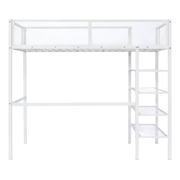 English Elm Twin Metal Loft Bed with 4-Tier Shelves and Built-In Storage Shelf, Sturdy Iron Frame, Space-Saving Design White SF000237AAK
