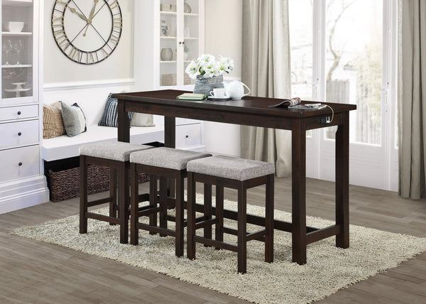 English Elm 4pc Counter Height Dining Set with Built-In USB & Outlets, Drawer Table and 3 Cushioned Stools Espresso 69.25 L x 30.25 W x 8.5 H B011P151855