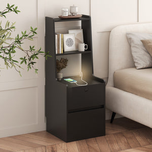 English Elm Nightstand Voice Controlled Night Light & Charging Station with LED Colors, USB+AC Storage Cabinet Black W1321P151791