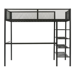 English Elm Twin Metal Loft Bed with 4-Tier Shelves and Built-In Storage Shelf, Sturdy Iron Frame, Space-Saving Design Black SF000237AAB
