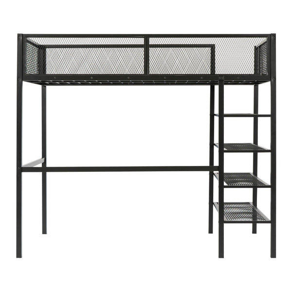 English Elm Twin Metal Loft Bed with 4-Tier Shelves and Built-In Storage Shelf, Sturdy Iron Frame, Space-Saving Design Black SF000237AAB