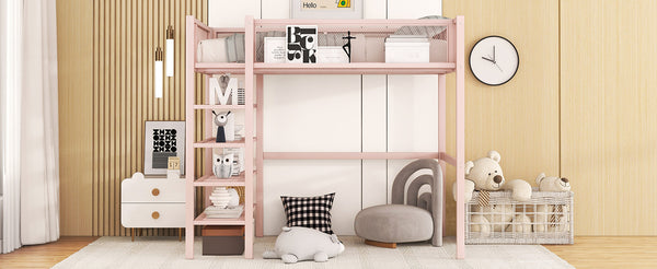 English Elm Twin Metal Loft Bed with 4-Tier Shelves and Built-In Storage Shelf, Sturdy Iron Frame, Space-Saving Design Pink SF000237AAH