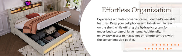 English Elm Full Upholstered Platform Bed with Hydraulic Storage, LED Lighting, USB Ports, Linen Wood Metal Design Natural AA20690708B