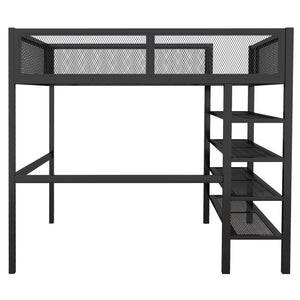 English Elm Full Size Metal Loft Bed with 4-tier Shelving Ladder for Kids or Teen Rooms Black SF000247AAB