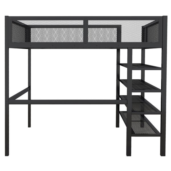 English Elm Full Size Metal Loft Bed with 4-tier Shelving Ladder for Kids or Teen Rooms Black SF000247AAB