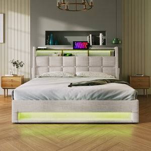English Elm Queen Upholstered Platform Bed with Hydraulic Storage, LED Lighting, USB Ports & 800LB Capacity Natural AA20690910B