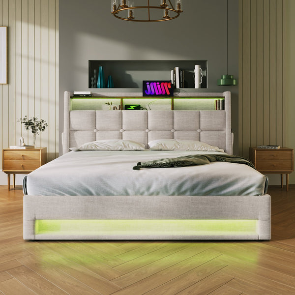 English Elm Queen Upholstered Platform Bed with Hydraulic Storage, LED Lighting, USB Ports & 800LB Capacity Natural AA20690910B