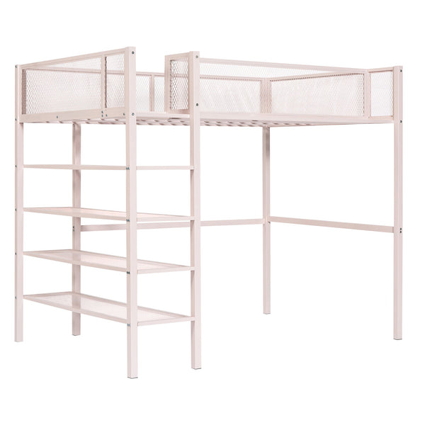 English Elm Twin Metal Loft Bed with 4-Tier Shelves and Built-In Storage Shelf, Sturdy Iron Frame, Space-Saving Design Pink SF000237AAH